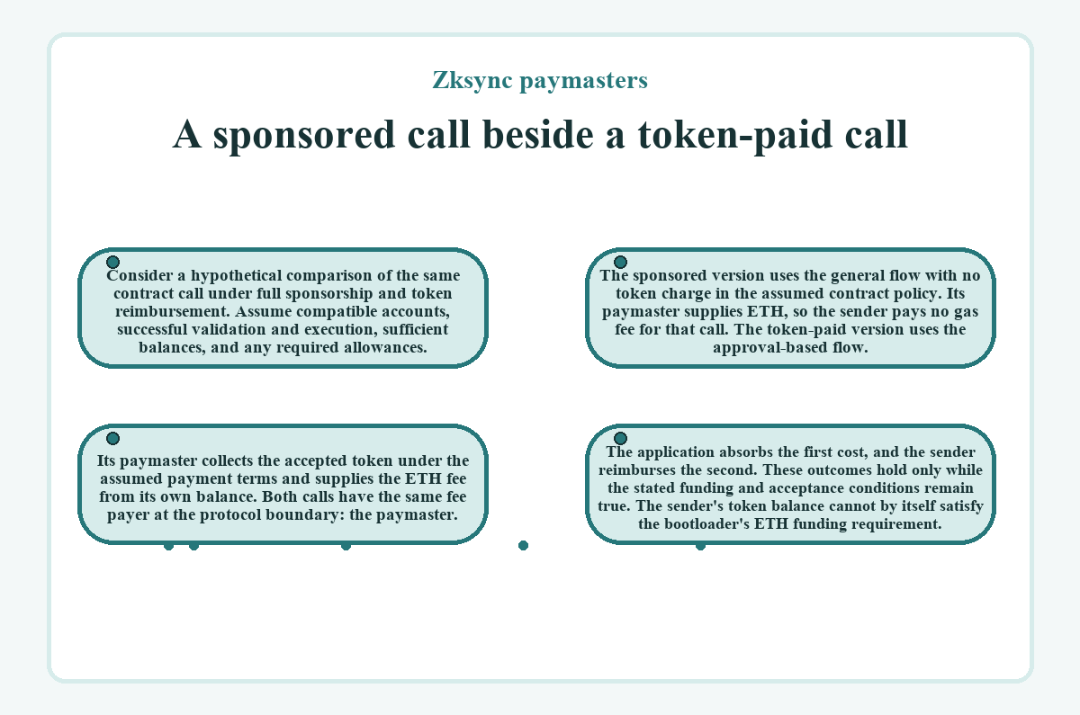 Visual outline: A sponsored call beside a token-paid call (Zksync paymasters)